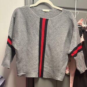 Grey Sweater with Red and Black Stripes rounded neckline NWOT